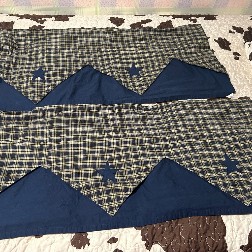 Navy Blue and tan plaid primitive window valances 63 ins wide